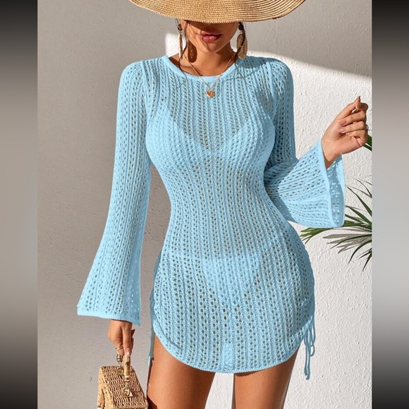 Baby blue crochet ruched tie drawstring side tie back mini cover up dress - Picture 5 of 6